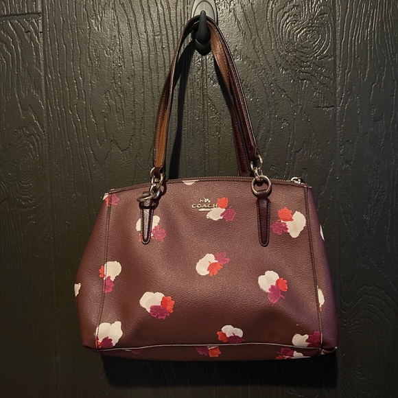 GUC 100% Authentic Coach Burgundy Floral Satchel Tote w/ Dual Zip Compartments - Picture 1 of 9